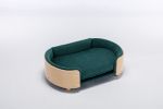 Scandinavian style Elevated Dog Bed Pet Sofa With Solid Wood legs and Bent Wood Back, Velvet Cushion,Mid Size,Dark green